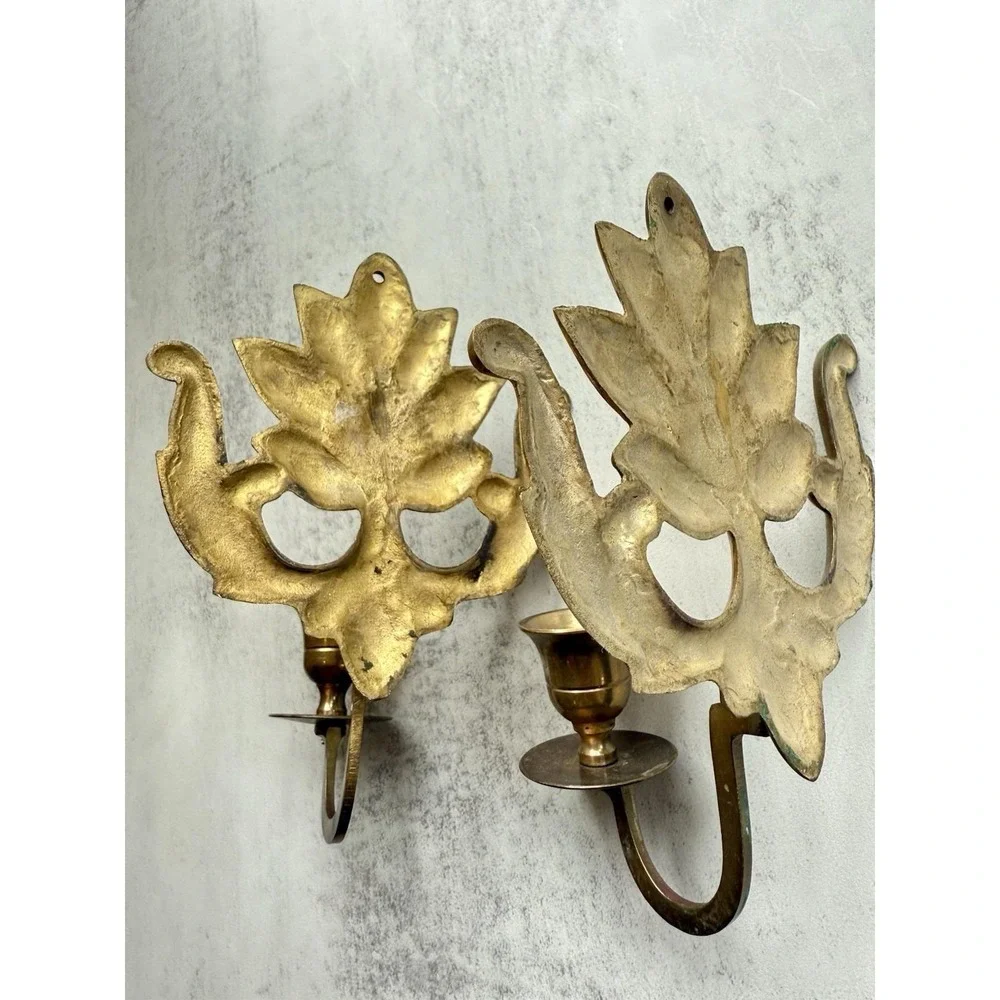 Vintage Brass Wall Sconce Single Taper Candle Holder Floral Leaf MCM Set of 2